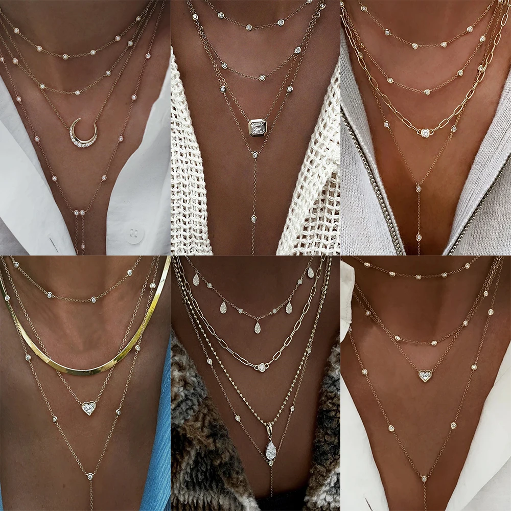 Vintage Multi-Element Kristall Halskette für Frauen Gold Farbe Boho Multi Layer Kristall Geometrie Anhänger Halsketten 2023 Schmuck