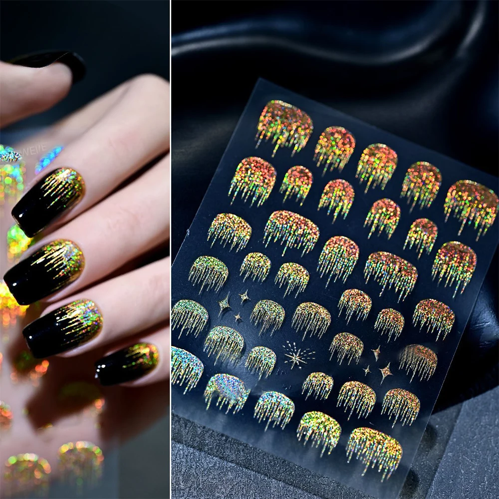 3D Laser Wasserfall Feuerwerk Nagel Aufkleber Holographische Glitter Feuerwerk Nagel Aufkleber Schillernden Selbstklebende Slider Nagel Liefert Image