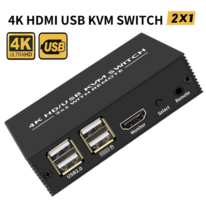HDMI KVM Switch 2x1 4K HDMI USB Switch Selector 2 in 1 out mit 4 Port USB Hub Desktop Controller Sharing Monitor Maus Tastatur Image