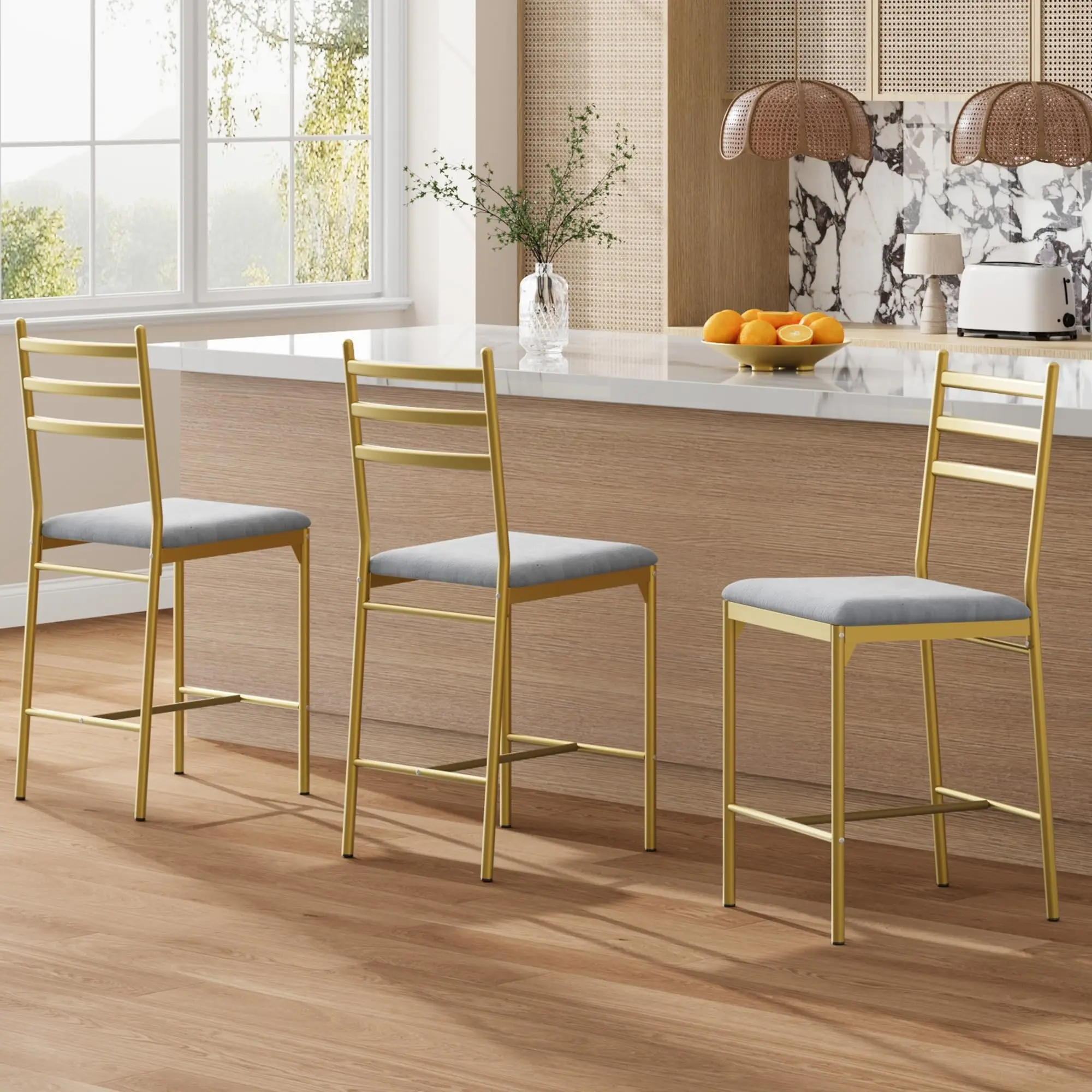 Moderner Gepolsterter Barhocker PU-Leder Kissen Gebogene Rückenlehne Metallrahmen Hohe Barstühle für Kücheninsel Restaurant Zuhause Image