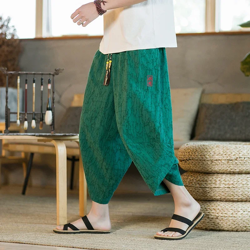 Japanischer Kimono, traditionelle Shorts, asiatische Kleidungshose für Herren, japanische Samurai, lässige, lockere Yukata-Leinen-Hose mit weitem Bein für Herren Image