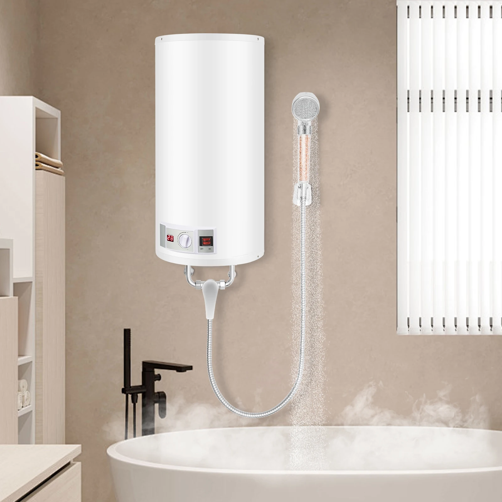 50L Elektrischer Warmwasserbereiter, 2000W Vertikaler Warmwasserbereiter mit Digitalanzeige & Wasserhahn, Wandmontage für Bad und Küche Image