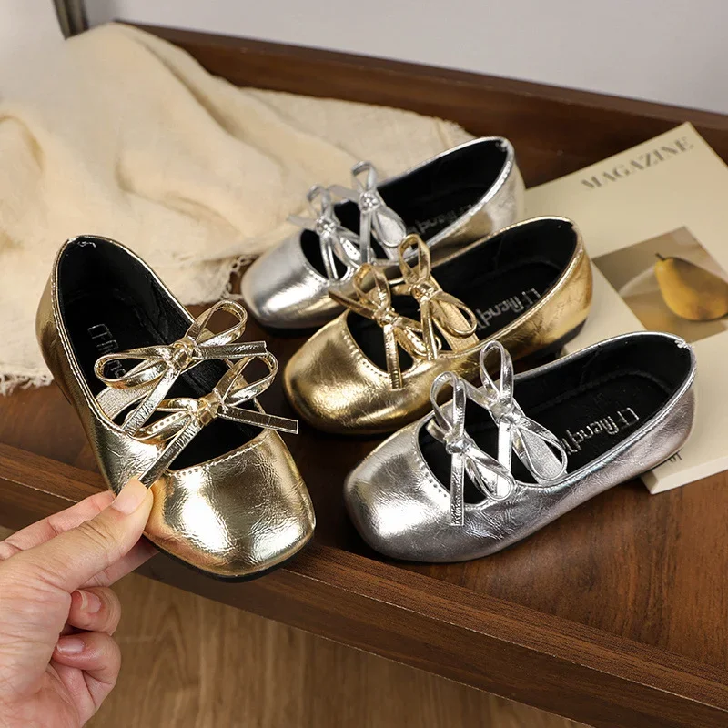 Mädchen Prinzessin Ballettschuhe Gold Silber Vielseitige Kinder Lederschuhe Mode Süße Kinder Kausal Leistung Flache Schuhe Neu Image