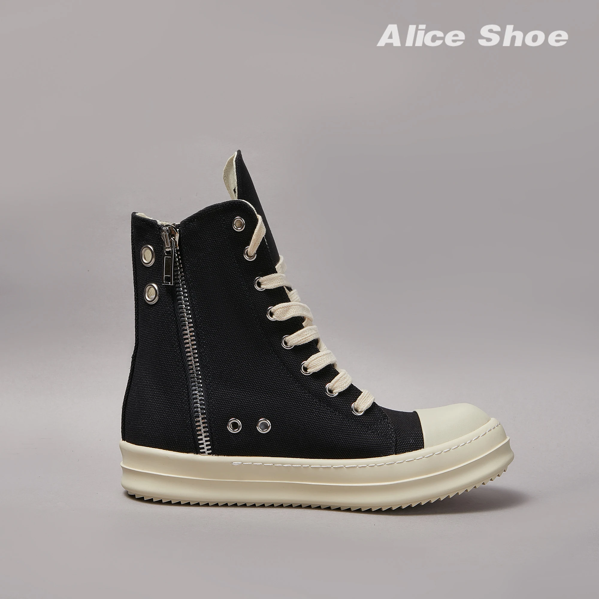 Marke Männer Schuh Casual High Top Frauen Sneaker Qualität Schwarz Ankle Boot Designer Leder Zipper Metall Loch Luxus Schnürsenkel Flache Schuh