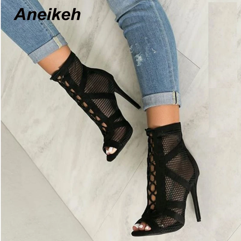 Aneikeh 2025, modische Basic-Sandalen, Stiefel, Damen, High Heels, Pumps, sexy, aushöhlen, Mesh, Schnürung, Kreuzgebundene Stiefel, Party-Schuhe, Größe 35–42