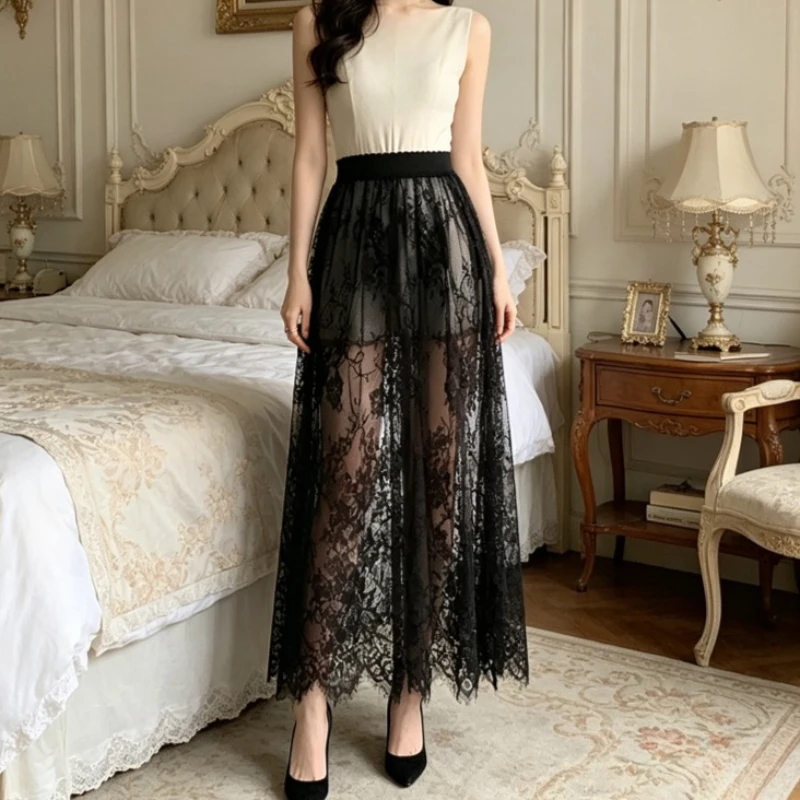 frühling Sommer Frauen Sexy Maxi Spitze Röcke Feste Hohe Taille Flare Langen Rock für Frauen Y2k Schwarz Lange Röcke für Frauen Image