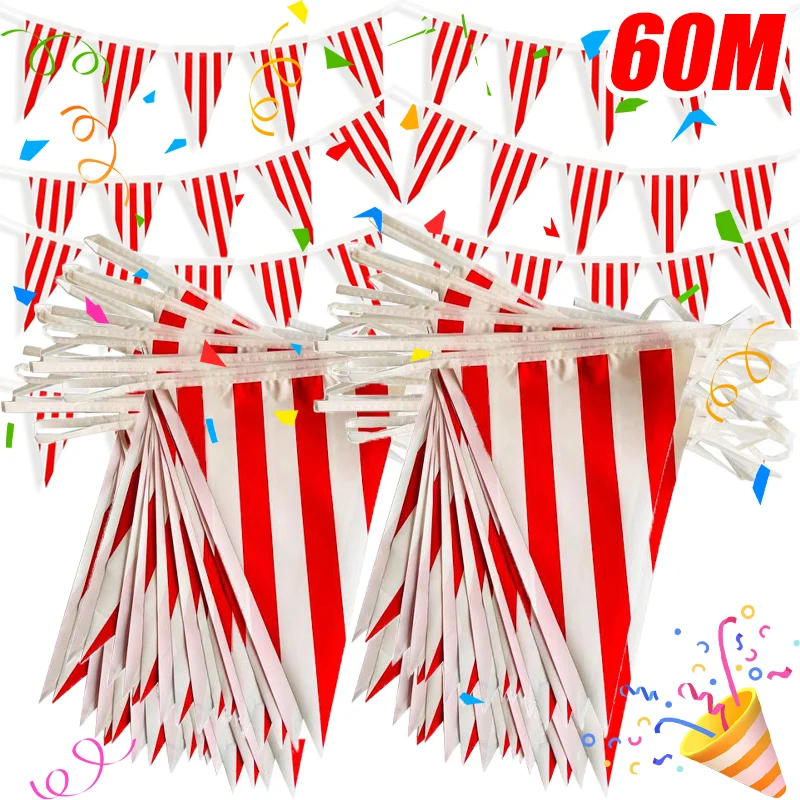 10/60M Rot Weiß Banner Dreieck Flagge Karneval Zirkus Dekorationen Geburtstag Hochzeit Parteien Outdoor Hängen Gestreiften Flagge liefert Image