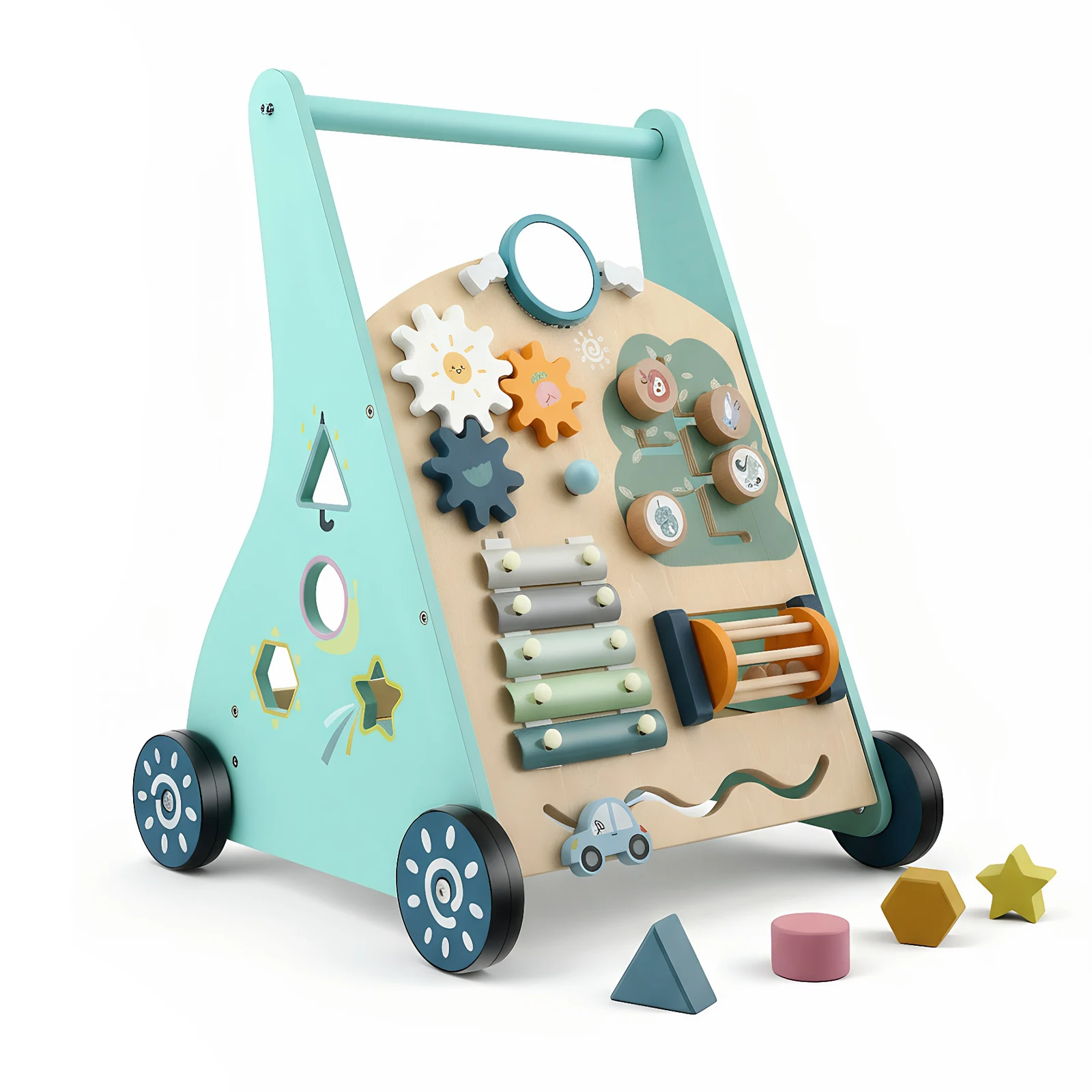 Holz-Lauflernwagen mit Aktivitätszentrum für Mädchen und Jungen 6-15 Monate, multifunktionaler Lern- und Lauflernwagen für Kleinkinder und Babys Image