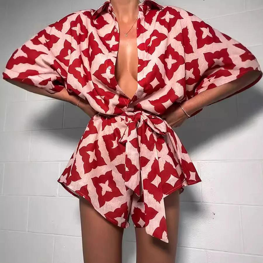2024 neue Herbst Frauen Lose beiläufige Druck Strap Overall Rot Druck Fliege Turndown Kragen Lose Body Sexy Outfits Streetwear Image