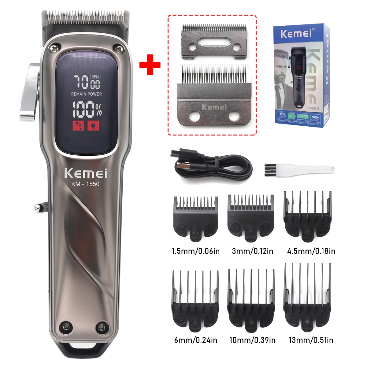 Kemei KM-1550 Professioneller Haarschneider für Männer, LED-Anzeige, geräuscharm, kabellos, USB-Schnittstelle, Haarschneidemaschine, Haarschneider Image