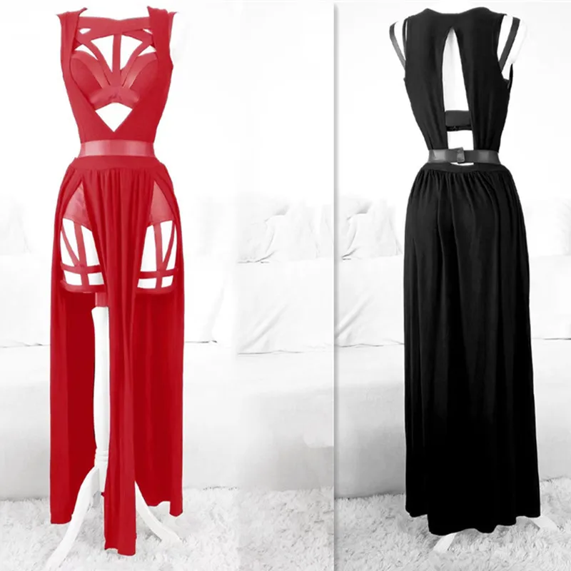 Neue Sexy Sommer Anzug Frauen Ärmellose Gothic Vintage Schwarz Korsett Crop Top + Bandage Unterhose Mesh Split Rock 3 stücke Sets Image