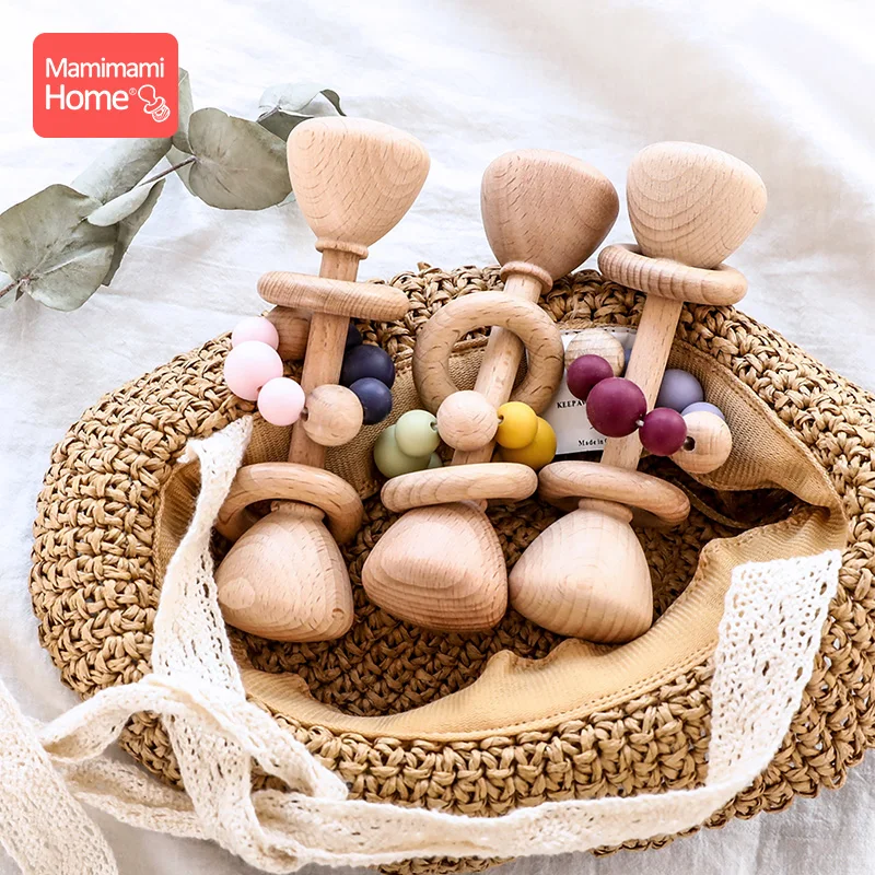1pc Baby Beißring Holz Musik Rassel BPA FREI Holz Gym Ring Nagetier Silikon Perlen Neugeborenen Pädagogisches Montessori Spielzeug Für kinder Image