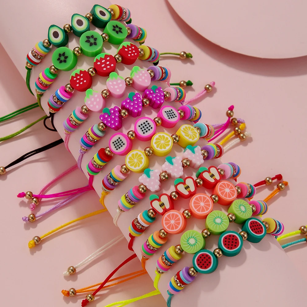 12-teilige verstellbare Armbänder aus buntem Sommerfrucht-Polymer-Ton für Mädchen Image