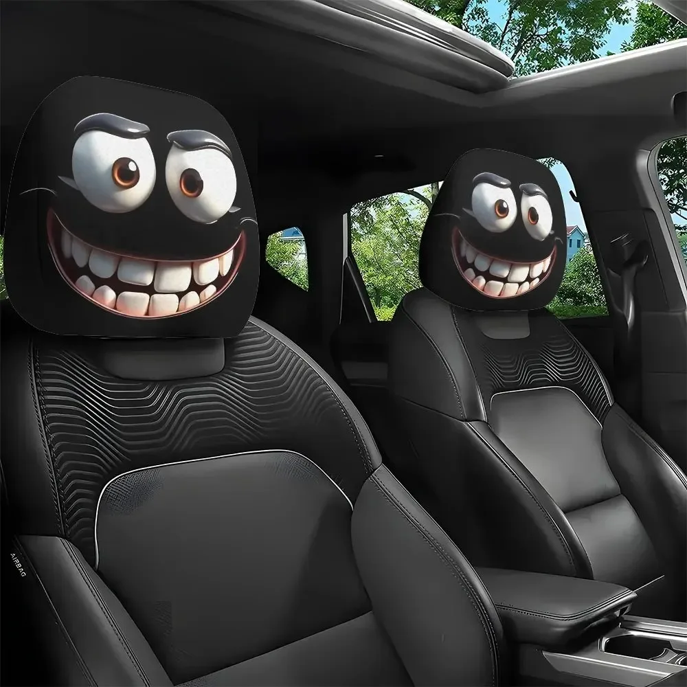 2 Stück Smiley-Gesicht bedruckter Auto-Kissenbezug, weich, bequem, dekorativer Kissenbezug, Auto-Sitz-Kopfstütze, waschbares Polyestergewebe Image