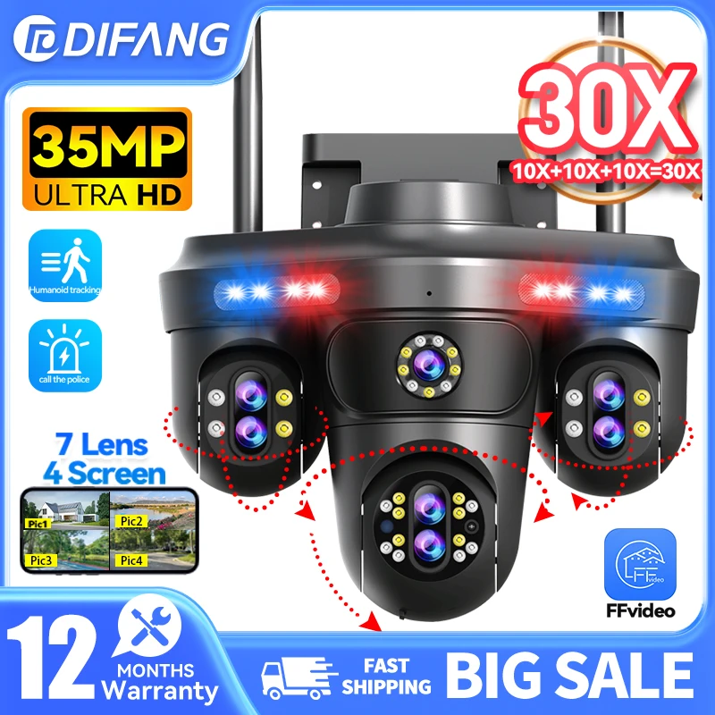 DIFANG 35MP Vollfarbige 4-Bildschirm WLAN-Sicherheitskamera Sieben Linsen 10-fach Optischer Zoom Heimüberwachungskameras Auto-Tracking CCTV Image