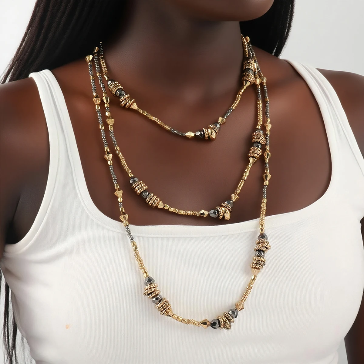 3-teiliges Set Vintage Mehrschichtige Steinperlen-Halsketten für Damen Modeschmuck Hals-Accessoires Image