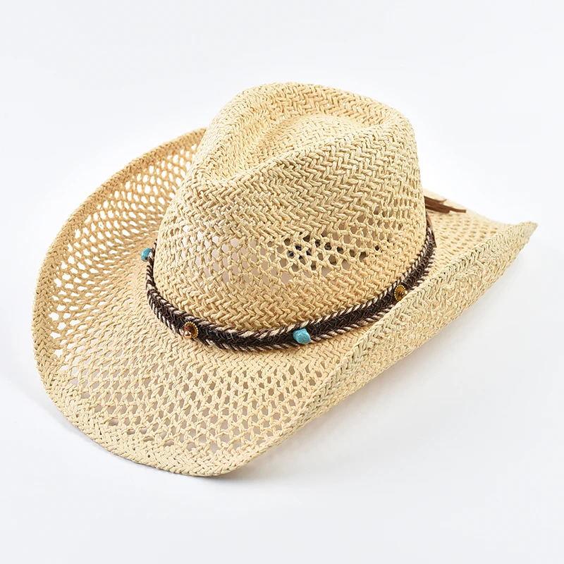 Sommer Stroh Western Cowboy Hut für Frauen Männer Outdoor Hollow Out Reise Strand Sonnenhut Image