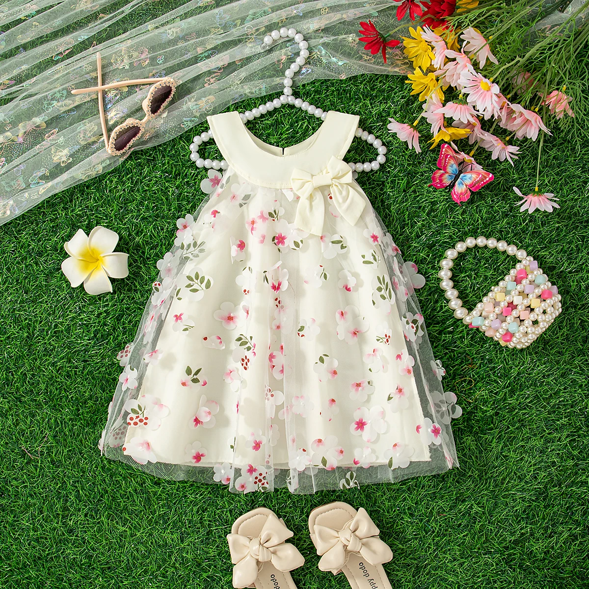 (0-3 Jahre) Neues Sommerkleid für Mädchen, Neckholder, Blumenmuster, Mesh-Schleife, Rundhalsausschnitt, süßes Prinzessinnenkleid, Geburtstagsfeier, Partykleid Image