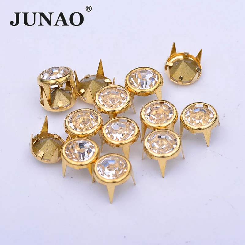 JUNAO 50 Stück 10 mm Gold-Strass-Nieten, Metallnieten, Spikes, Dekoration, Nieten für Leder, Kleidung, Schuhe, DIY, Basteln