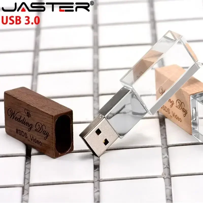 JASTER Hochzeitsfotografie Benutzerdefiniertes LOGO Holz-Kristall USB 3.0 Flash-Laufwerke 64GB 32GB 16GB 4GB Version Speicherstick U-Disk Image