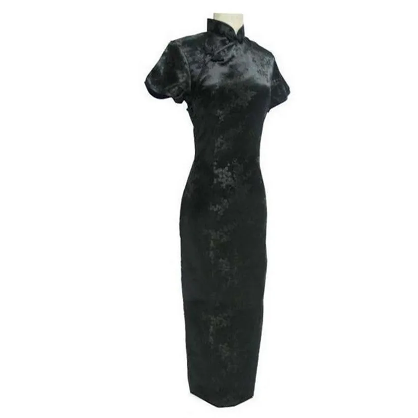Schwarzes chinesisches traditionelles Kleid Sexy Frauen Satin Qipao Langes Cheongsam Blumengröße S M L XL XXL XXXL 4XL 5XL 6XL LG04