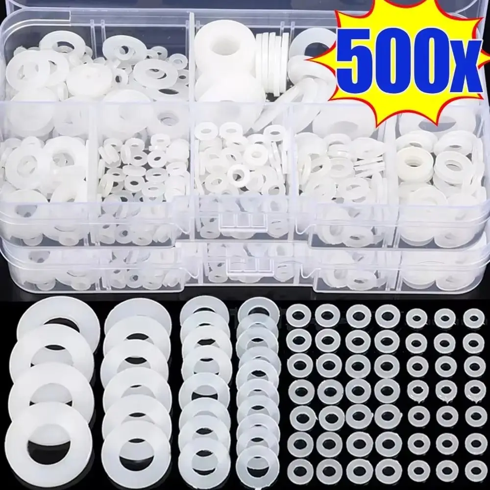 500 Stück langlebige Dichtungen, O-Ring-Sortiment, Nylon-Unterlegscheibe, flach, M2-M10, Flugzeug-Abstandshalter, Schwarz, Weiß, 8 Größen, Isolationsdichtungsring Image