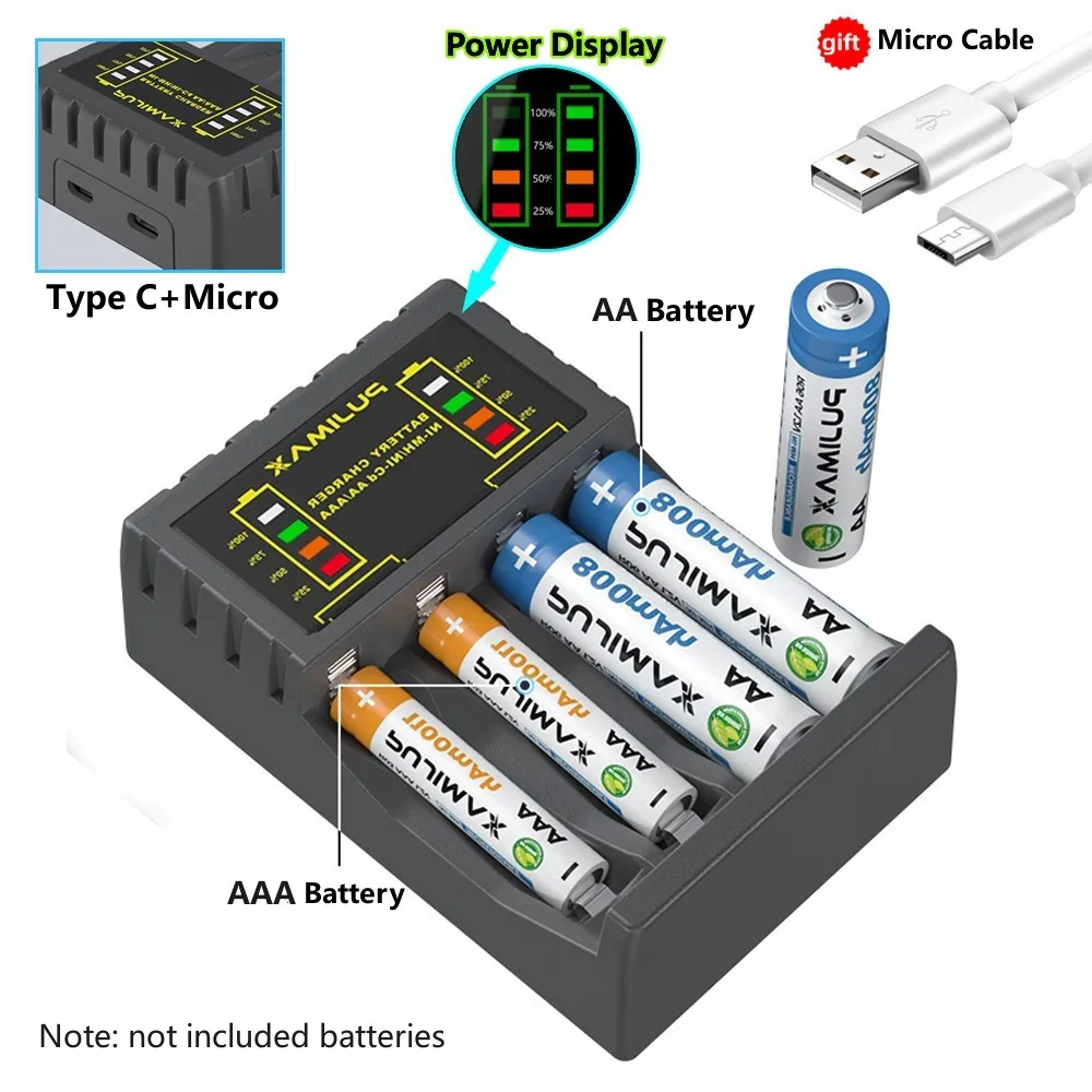Batterieladegerät, 4 Steckplätze, intelligentes Schnellladen mit Anzeige für 1,2 V NiMH NiCd AAA/AA wiederaufladbare Batterien, USB C Micro Jack Image