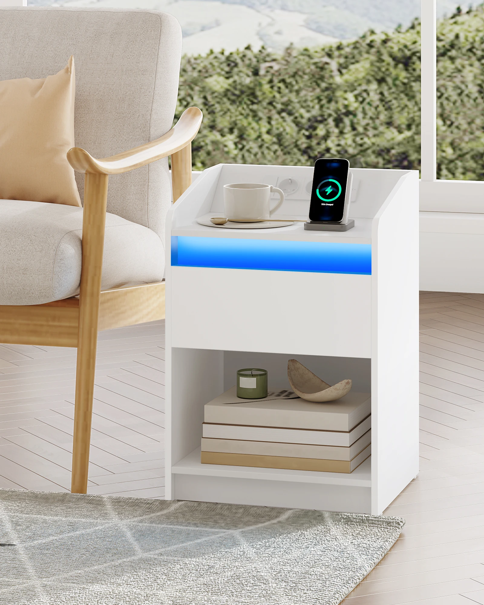 Hzuaneri Nachttisch mit LED-Licht, Nachttisch mit Ladestation, Nachttisch mit 1 Schublade für Schlafzimmer