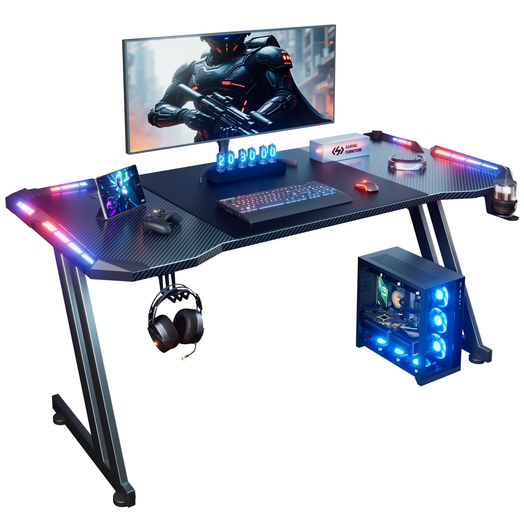 120/140/160 cm Gaming-Schreibtisch mit LED-Beleuchtung, Z-förmiger Gaming-Tisch mit Getränkehalter und Kopfhörerhalterung, ergonomischer Computertisch Image