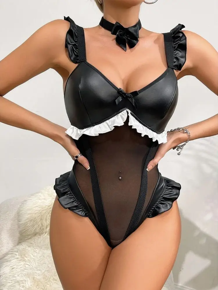 M-XXL Ärmellose Faux PU Leder Mesh Leibchen Body Strumpfhosen Hot Sexy Body Teddies Tiefer V-ausschnitt Badeanzug Cosplay Clubwear Tops