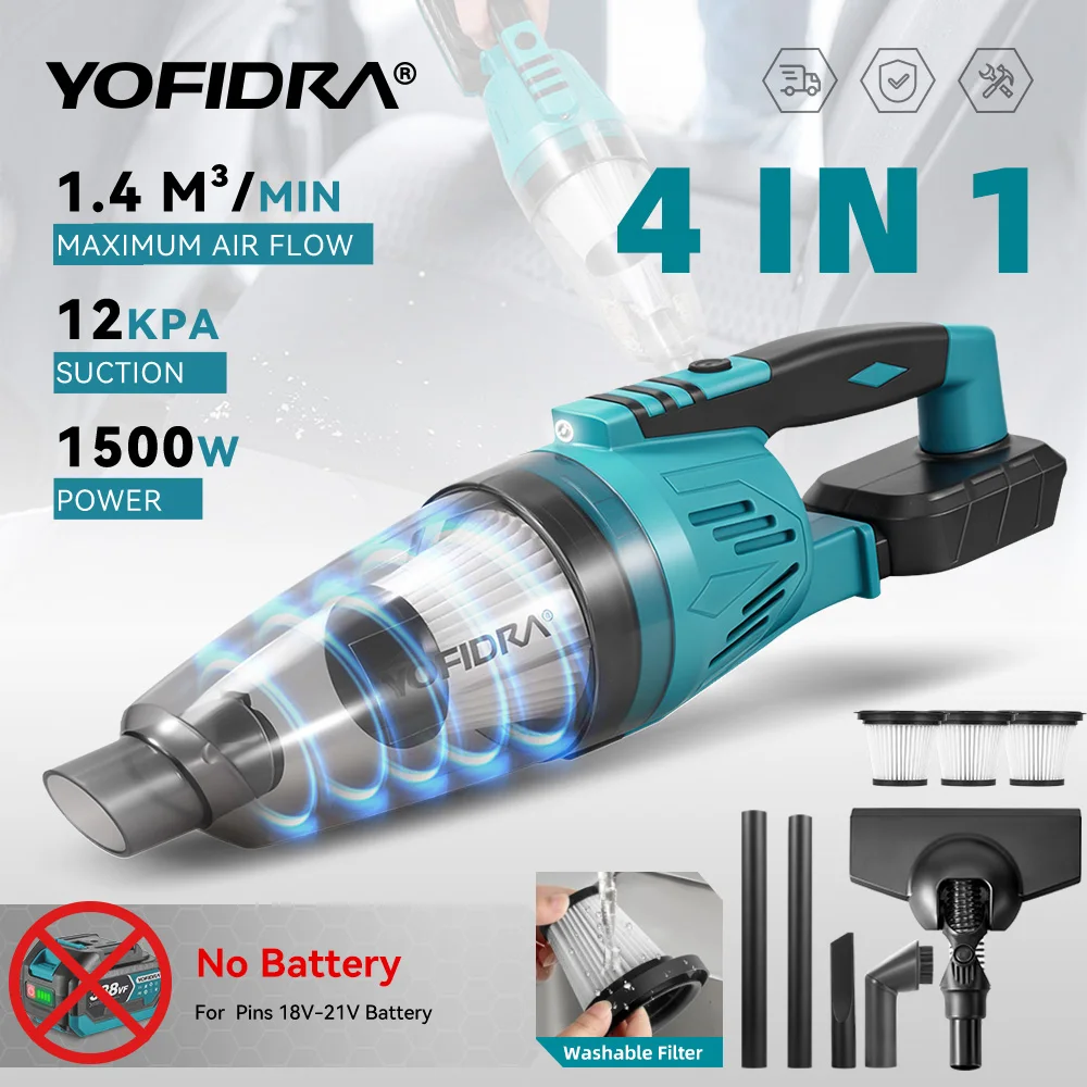 YOFIDRA 1500W 12KPA Elektrische Staubsauger 4IN1 Drahtlose Vakuum Hause Auto Reinigung Werkzeuge mit 3 stücke Filter für Makita Batterie Pin Image
