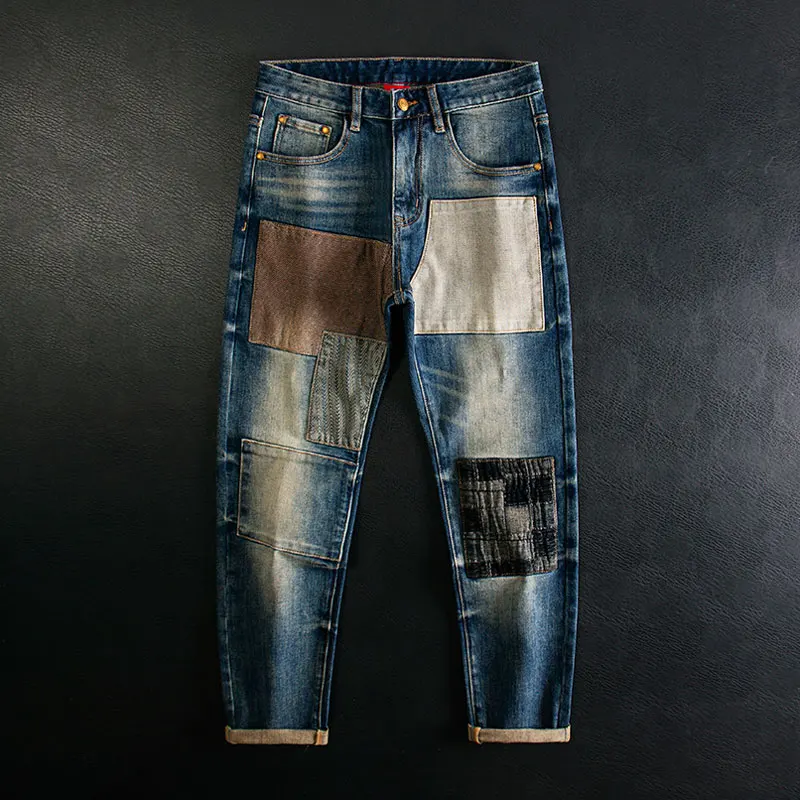 Straße Designer Mode Männer Jeans Retro Blau Stretch Slim Fit Gepatcht Zerrissene Jeans Männer Y2K Hip Hop Vintage Denim Hosen hombre