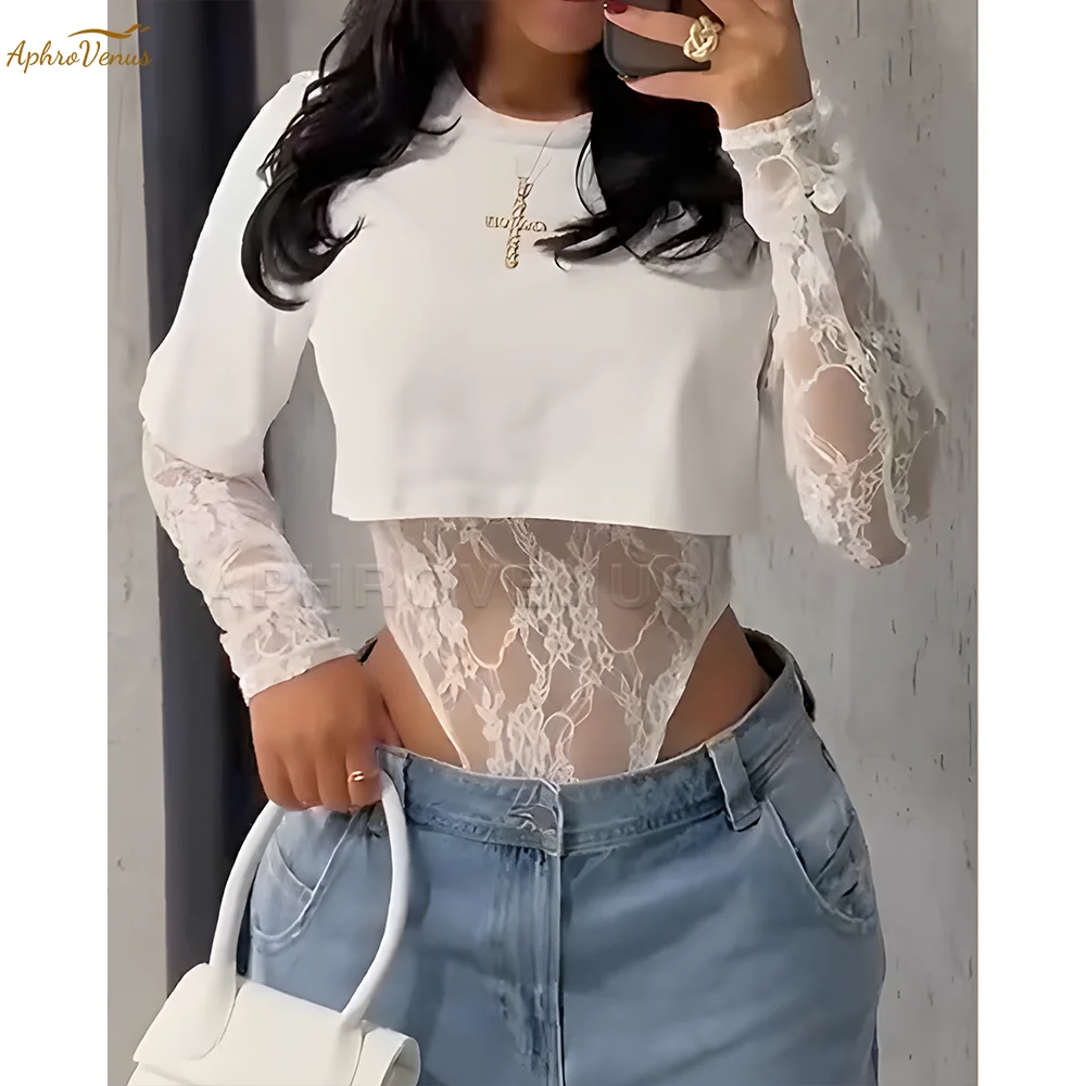 Sexy Spitzen-Body, T-Shirt, 2-teiliges Set, Damenmode, Dessous, Y2K, Streetwear-Outfit, lässige Sommerkleidung, S-XXL Image