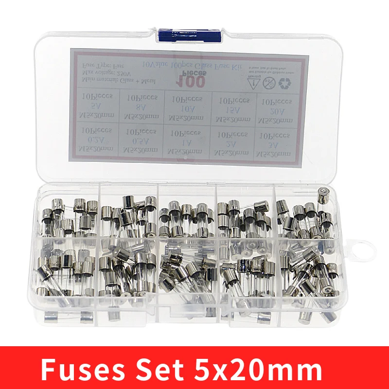 100Pcs/Box 5x20mm flink Glas Sicherung Assorted Kit 0,2 EIN 0,5 EIN 1A 2A 3A 5A 8A 10A 15A 20A Amp Sicherungen Elektrische Sicherung Röhre Mix Set Image