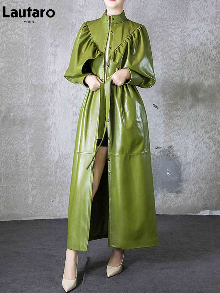 Lautaro Herbst Grün Schwarz Maxi Weiche Faux Leder Graben Mantel für Frauen Designer Lange Stilvolle Elegante Luxus Retro Mode 2022