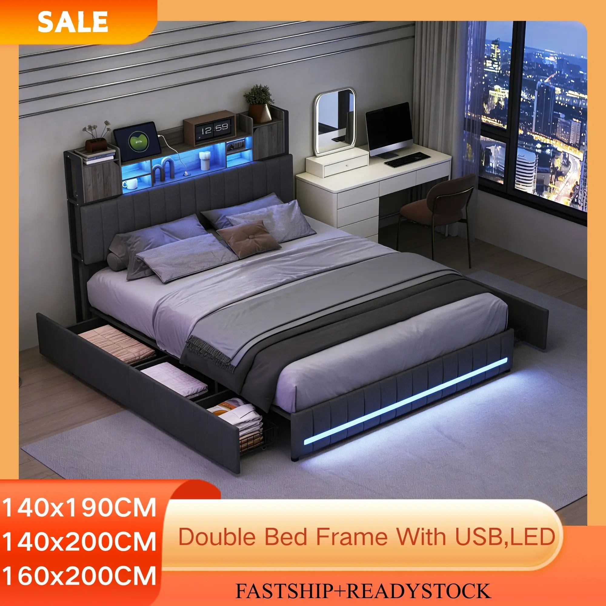Bett mit stauraum, Polsterbett Doppelbett 140x200 cm mit LED Beleuchtung und USB-Buchse, 4 Schubladen, Jugendbett, Erwachsenen Bett mit Lattenrost, Multifunktionales Kopfteil, Leinen