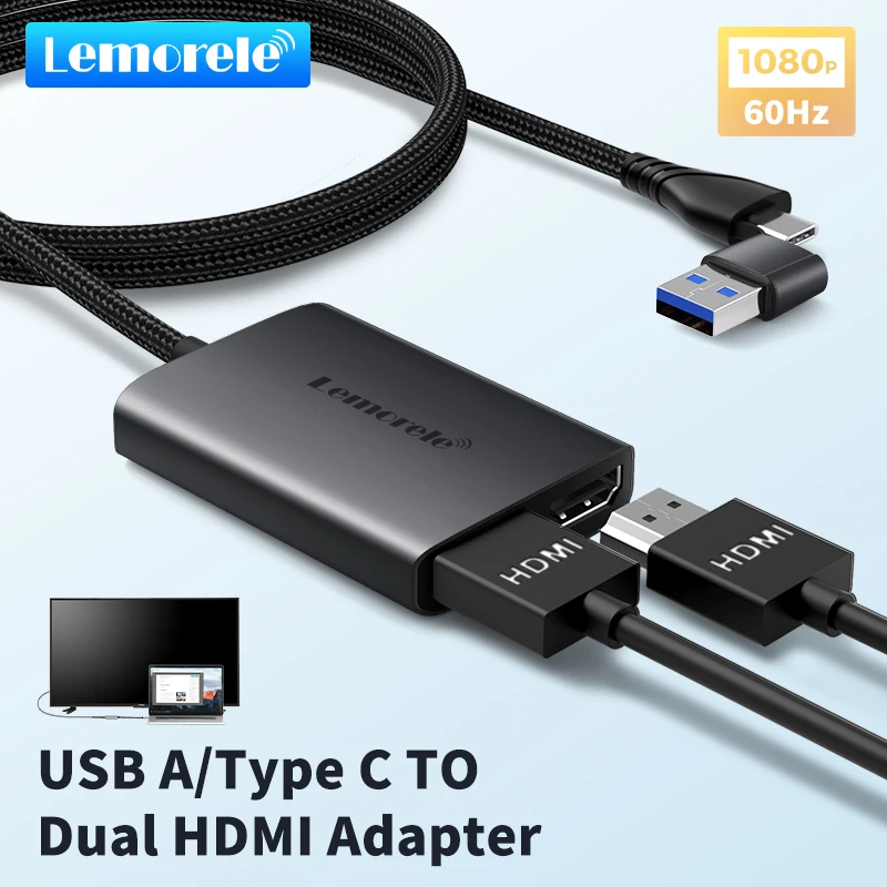 Lemorele Typ C/USB3.0 auf Dual-HDMI-Adapter 1080P 60 Hz verlängern 2 verschiedene Bildschirme für Apple M1 M2 Mac Windows Typ C/USB3.0 Hub Image