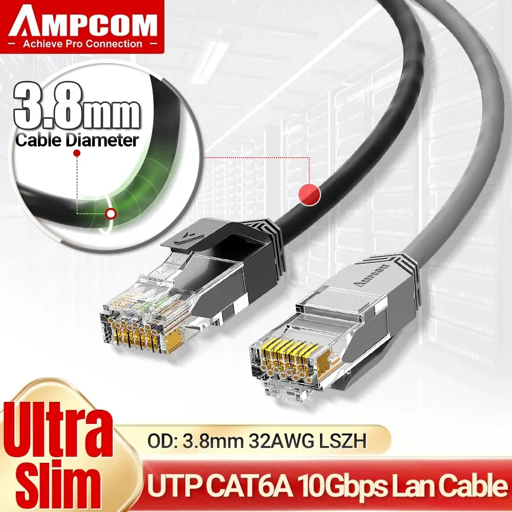 Ampcom ultra slim cat6a netzwerk kabel, 3,8mm lszh utp rj45 lan internet netzwerk high speed kabel kabel für router modem pc Image