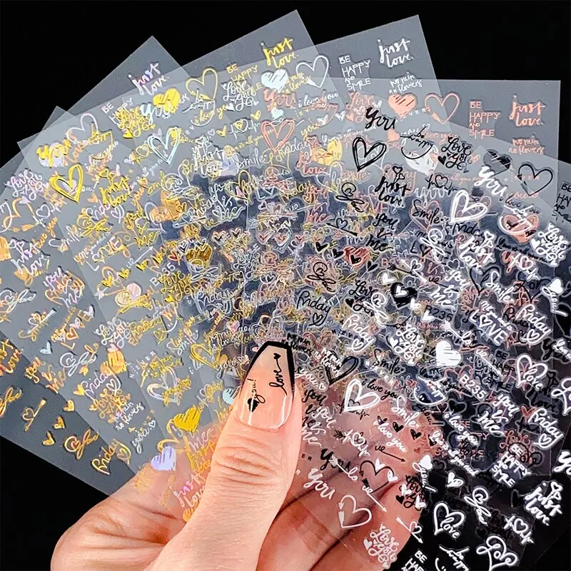 6 Teile/paket Laser Gold Silber 3D Nail art Aufkleber Liebe Herz Brief Bild Nagel Dekoration Ins Stil Aufkleber DIY Folien Zubehör Image