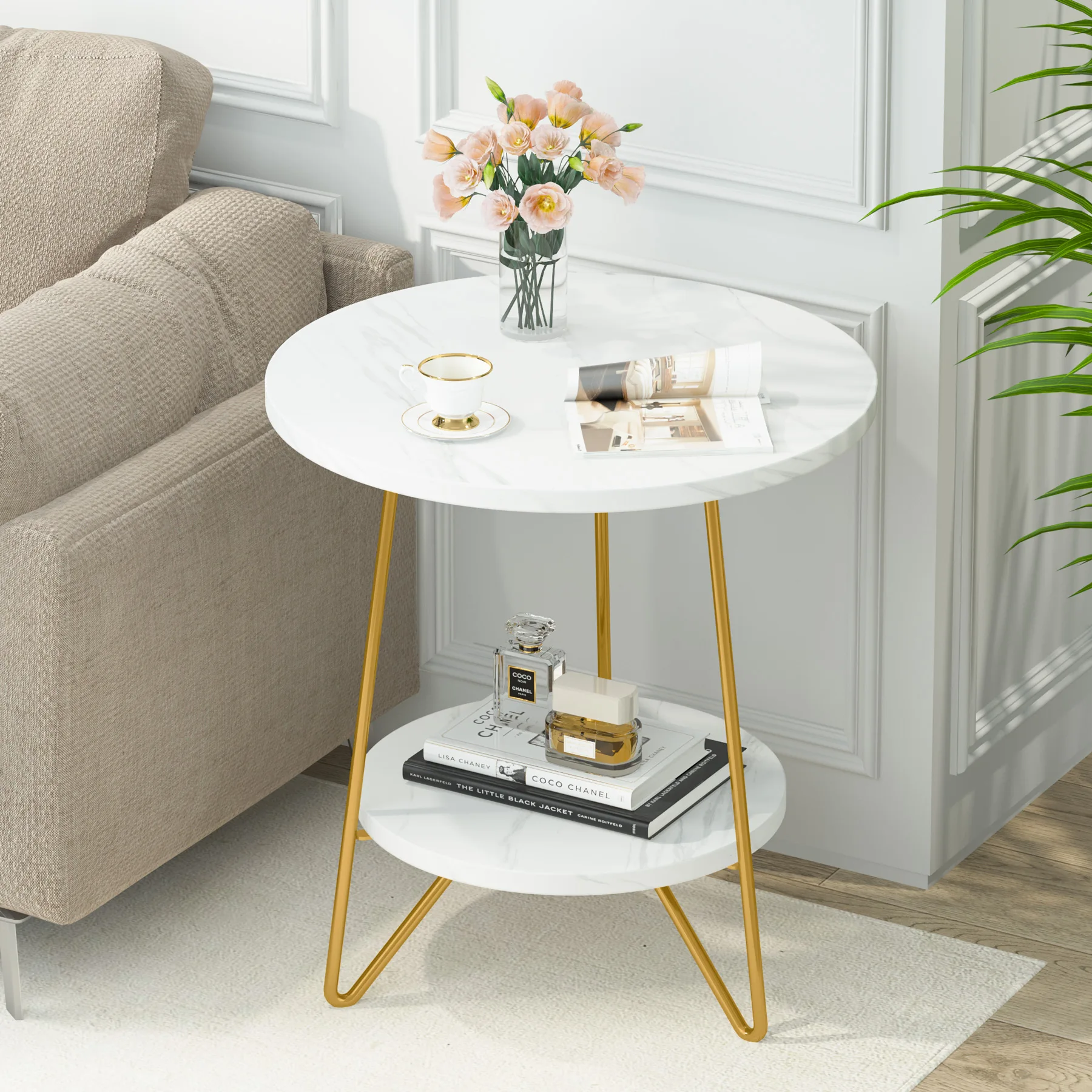 Tribesigns 2-stufiger Beistelltisch aus Kunstmarmor, runder Beistelltisch mit Regalen, kleiner Kaffee-Akzenttisch für Wohnzimmer, Weiß und Gold