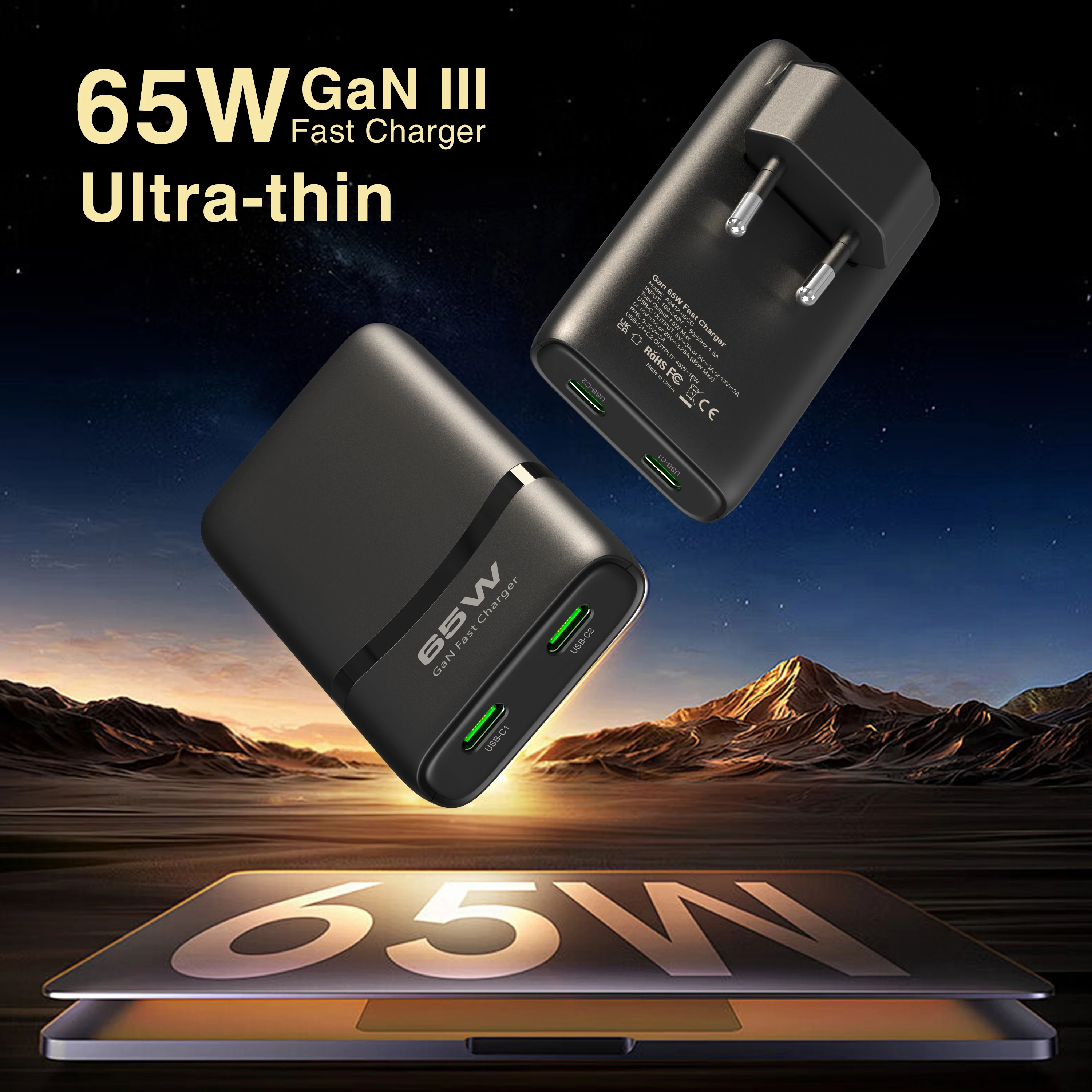 65W Flat GaN USB C Ladegerät Dual-Port Schnelles Wandladegerät Kompaktes Netzteil mit faltbarem Stecker für Mobiltelefone Image