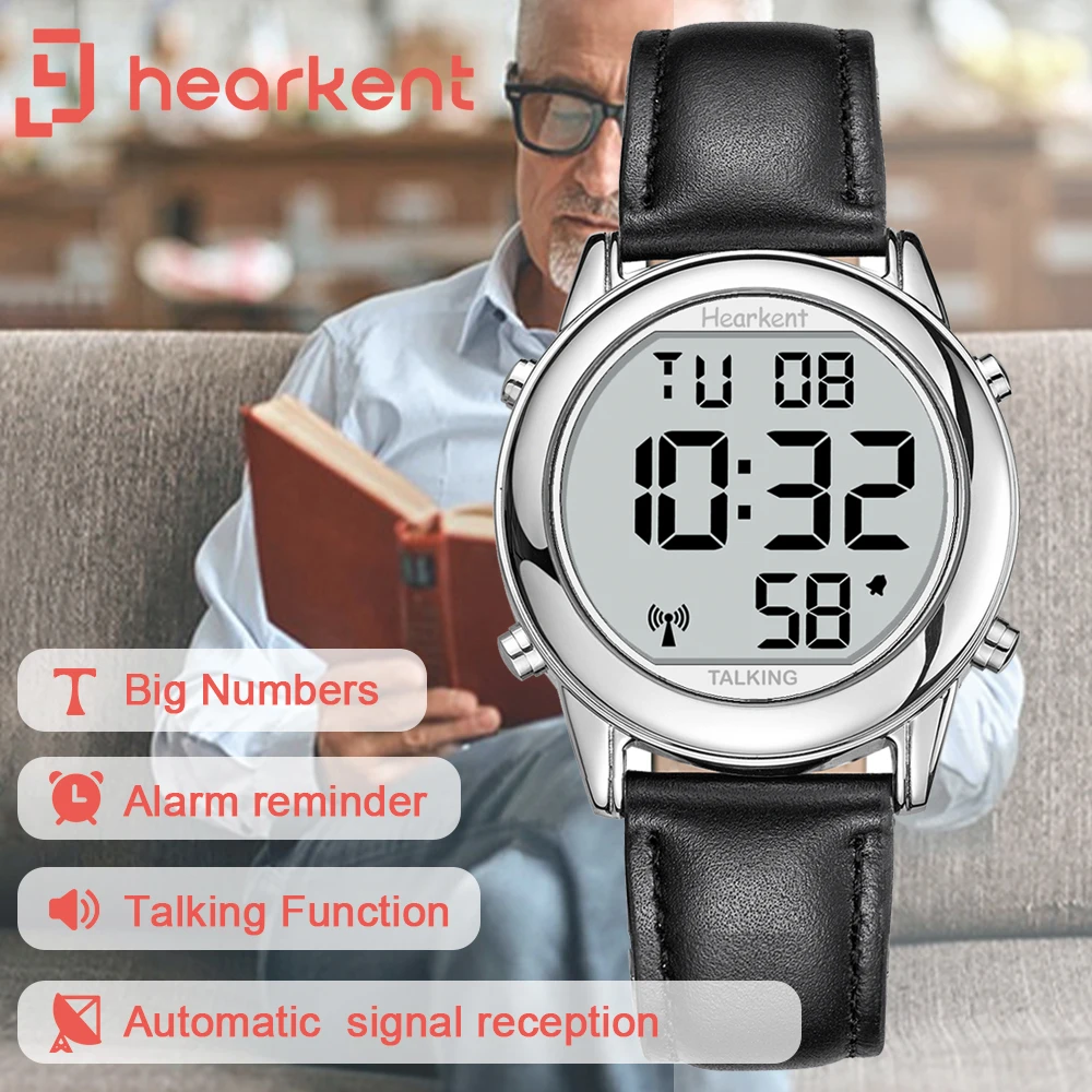 Hearkent Talking Uhren für Blinde, ältere Menschen, Herrenuhr, Sprechzeit mit Atomalarm, Radio-Armbanduhren, Spanisch/Deutsch/Englisch Image