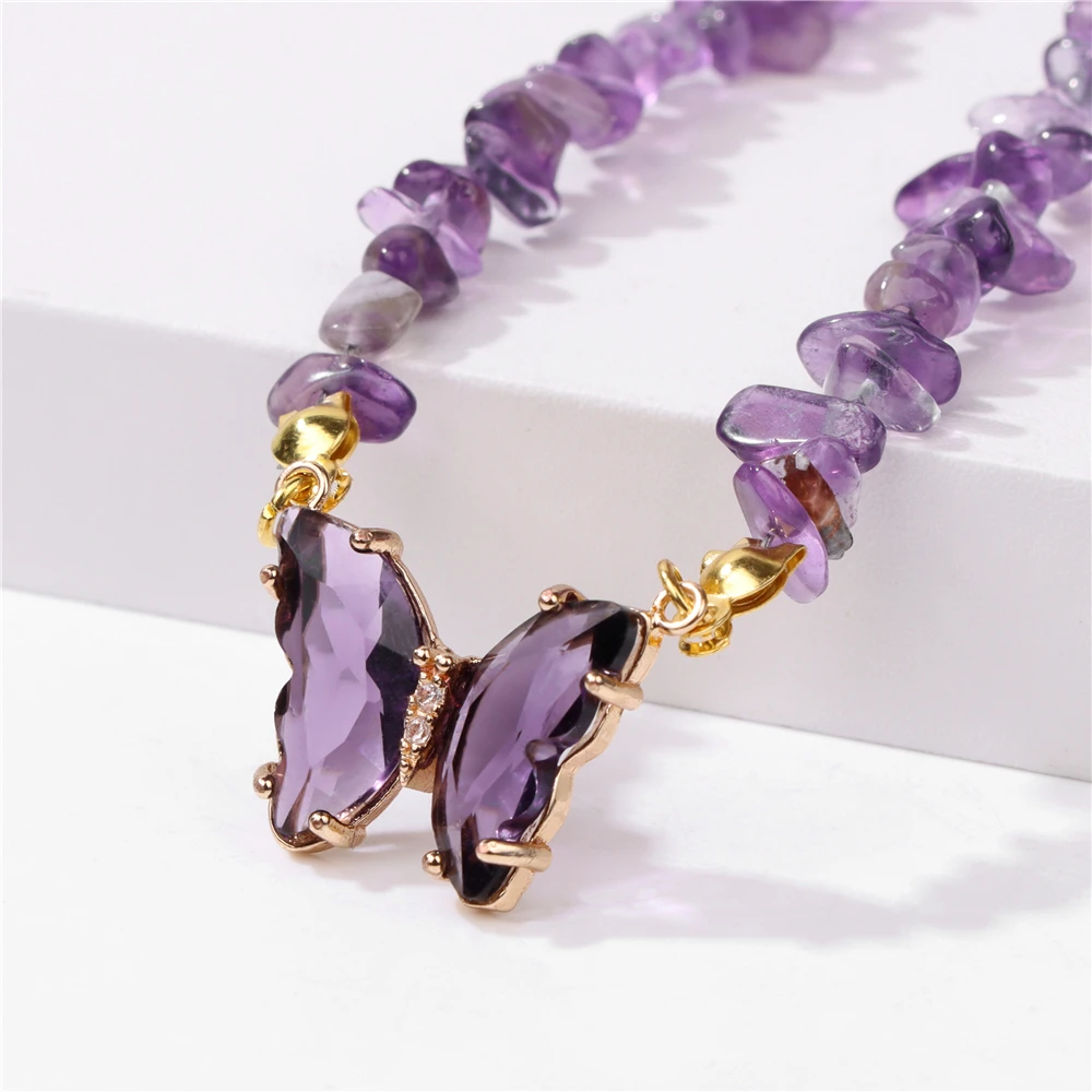 Trendy Schmetterling Kristall Halskette Natürliche Lila Amethysten Quarz Kristall Chip Stein Halskette Schmuck Geschenk Für Frauen Paar Image
