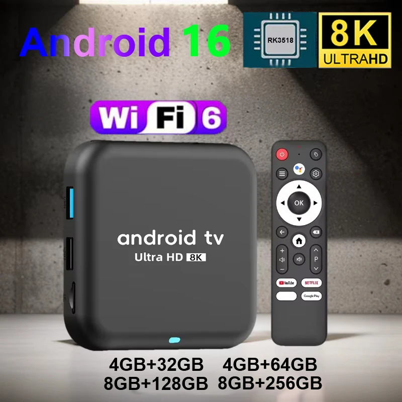 Android 16 TV-Box Q18 RK 3518 8K BT5.4 Wifi6 HDR10+ 32G 64G 128G 256G Sprachfernbedienung Media Player Google Netflix YouTube Dual Wifi Image