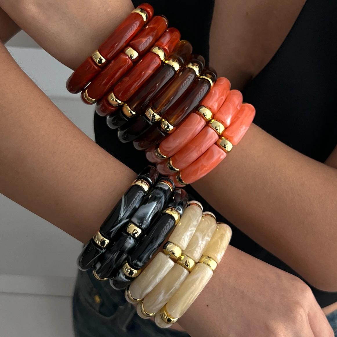 PuRui 3 Teile/satz Bohomia Bunte Bambus Rohr Stapelbare Kunststoff Perlen Armband für Frauen Vintage Elastische Armreif Paar Schmuck Image