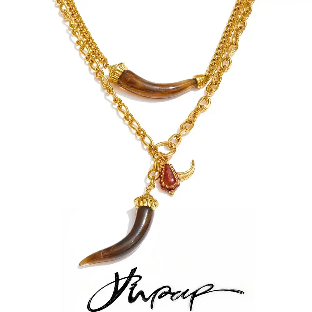 Yhpup Neue Ankunft Edelstahl Doppelschicht Harz Horn Anhänger Halskette 18K Goldene PVD Überzogene Wasserdichte Charme Schmuck geschenk Image