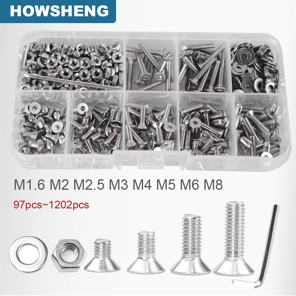 M1,6 M2 M2,5 M3 M4 M5 M6 M8 Innensechskant-Flachkopfschraube und Muttern-Set, Senkkopfschrauben aus Edelstahl 304 mit Unterlegscheibensatz Image
