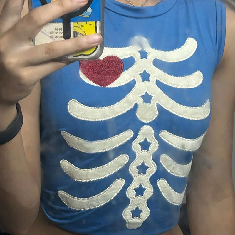 Seltsame klassische Schädel Patchwork Frauen Tanktops ärmellose Pullover Hipster Hip Hop Streetwear y2k kausale grundlegende wilde bequem Image