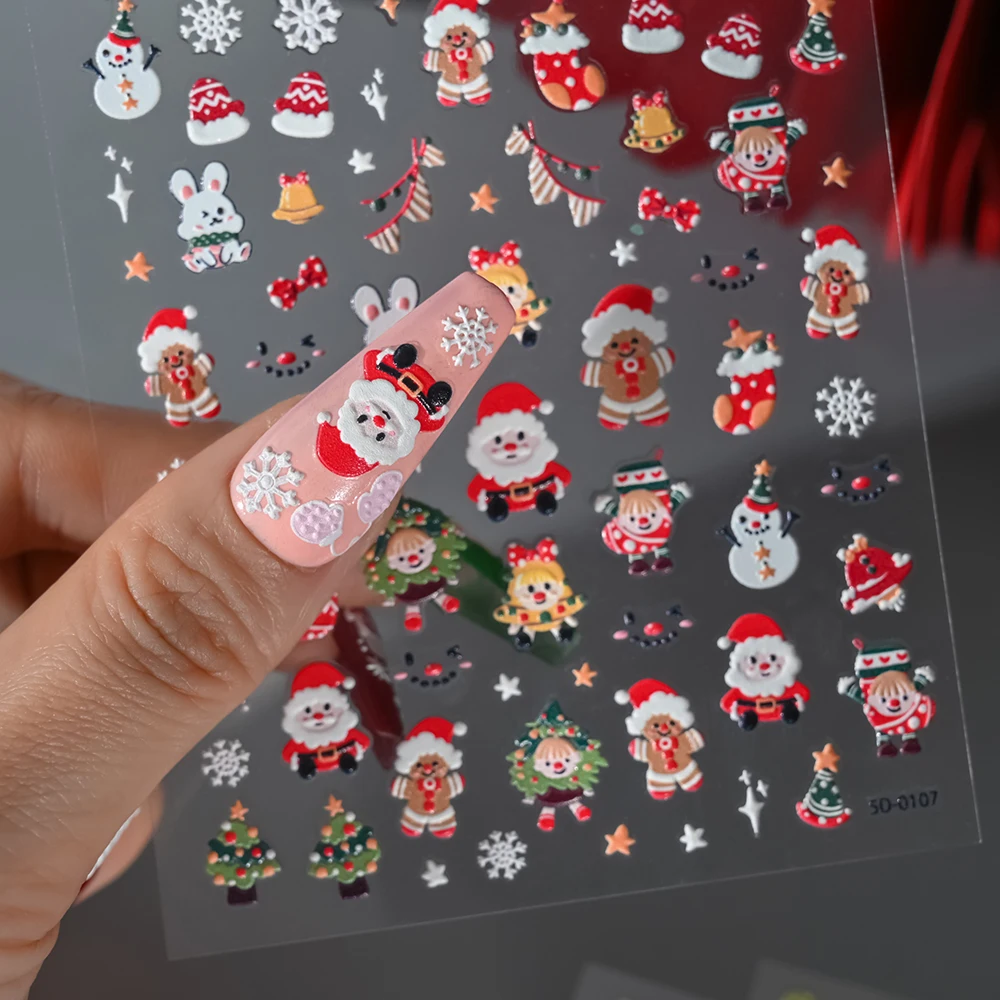 5D geprägter Lebkuchenmann-Nagelkunst-Aufkleber, niedlicher Weihnachts-Winter-Weihnachtsmann, Schneeflocke, Elch, gravierter Schieber, Maniküre-Dekoration Image