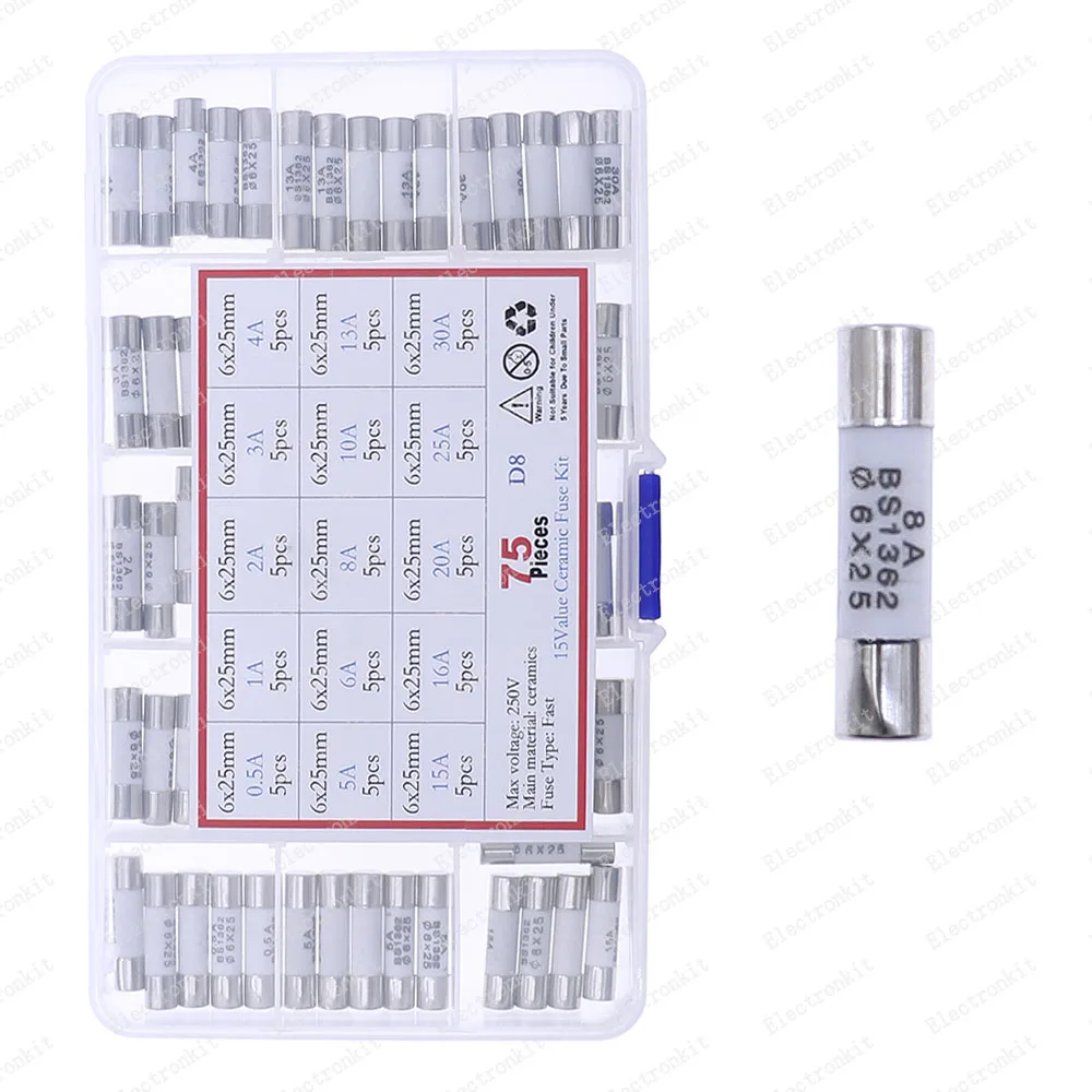 75 Stück 15 Werte 6mm x 25mm 250V Schnellschmelz-Keramik-Sicherungen Sortiment-Set 0,5A 1A 2A 3A 4A 5A 6A 8A 10A 13A 15A 16A 20A 25A 30A Image